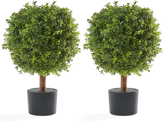 Artificial Plants Indoor Outdoor - Set of 2 Topiary Boxwood Trees – 24” High Pre-Potted Faux Trees - Plant Decor for Front Porch Home Office - Topiary Ball