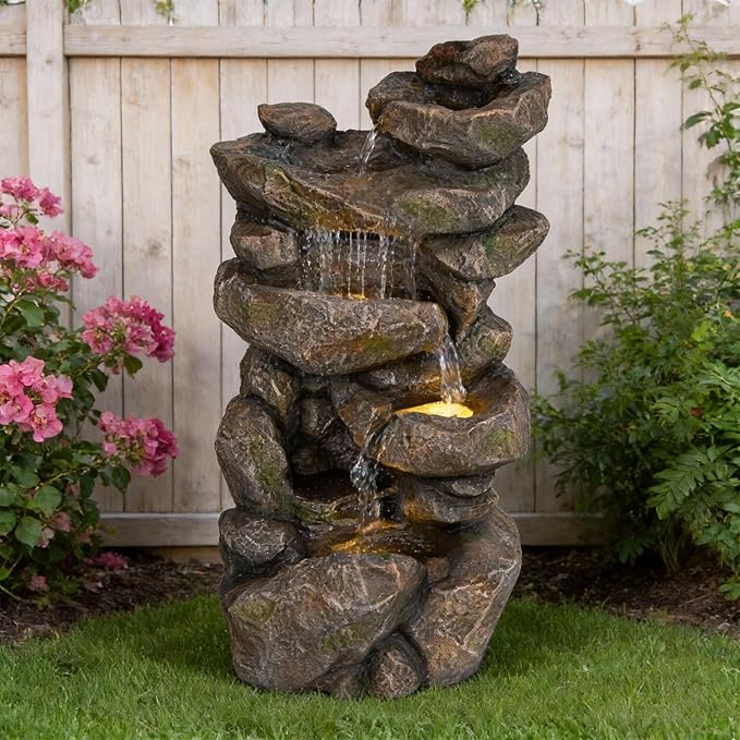 Ferrisland 31.5” Outdoor Rock Waterfall Fountain – 5-Tier Rustic Cascading Water Feature with LED Lights | Relaxing Flow & Ambient Glow for Garden, Patio, Yard | Stylish Home Decor Idea