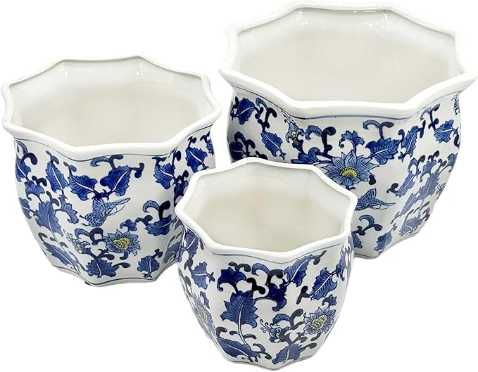 Galt International Blue & White w/Yellow Accent Round Fluted Floral Porcelain Ceramic Plant Flower Planter Pot Set of 3 (7.5", 10", 13") Garden Pots Chinese Asian Design