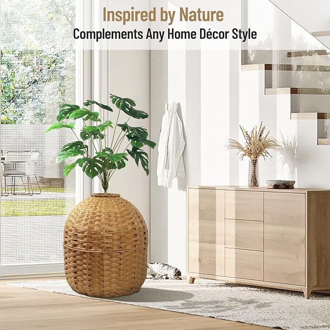 Hidden Cat Litter Box Plant Furniture Enclosure House w/ Faux Plant, Decorative Handwoven Rattan Round Planter Cat Bed for Indoor Cats w/ Odor Control Filter, in Living Room Bedroom Corner Natural