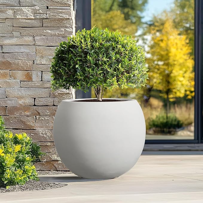 Panlaolao 13.5 H x 17" Dia (12" Pot Opening) Round Fiberstone Planter with Drainage Hole, White, Indoor/Outdoor Large Plant Pot for Home Patio Garden, Ideal for Large Plants