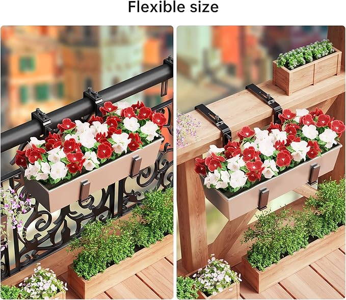 Y&M Window Box Brackets, Heavy Duty Iron Adjustable Planter Flower Box Brackets for Railings, Perfect for Balconies, Fences, and Gardens（4 Packs）
