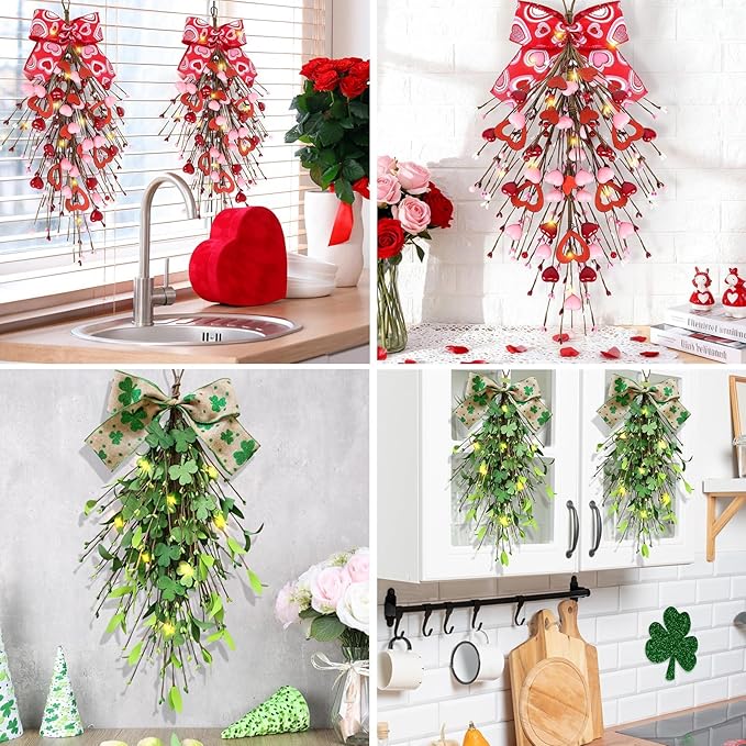 2 PCS 24" Valentine’s St.Patrick's Day Swag Wreath for Front Door Artificial Heart Shamrock Teardrop Swags Wreath Lucky Irish Valentines Kitchen Cabinet Wreaths for Home Porch Wall Window Decoration