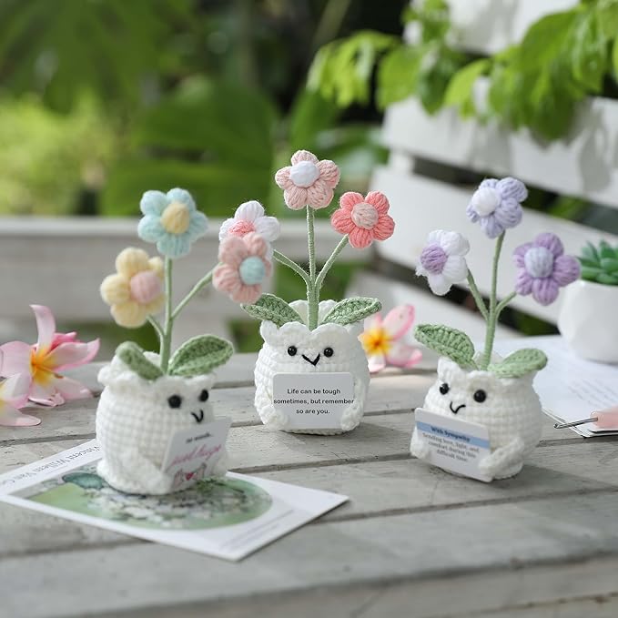 YOOJEE Crochet Sympathy Gifts for Loss of Loved One – No Words, Just Hugs Crochet Puff Flower Plant– Bereavement, Memorial, Get Well Soon, Grief Gift Idea for Loss of Grandpa Grandma Mom Dad