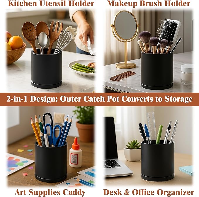 D'vine Dev Double-Layer Planter Set – Rotating Plastic Cachepot with Clear Inner Liner for Root Health, Perfect for Indoor Plants, 6.5", Black, 73-U-B-2