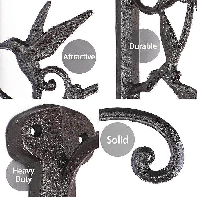 Livfodrm 2PCS Plant Hangers Outdoor Plant Hooks for Wall/Fence, Hummingbird Hanging Plant Bracket Heavy Duty Cast Iron Plant Hanger for Lantern/Bird Feeder, Drak Brown