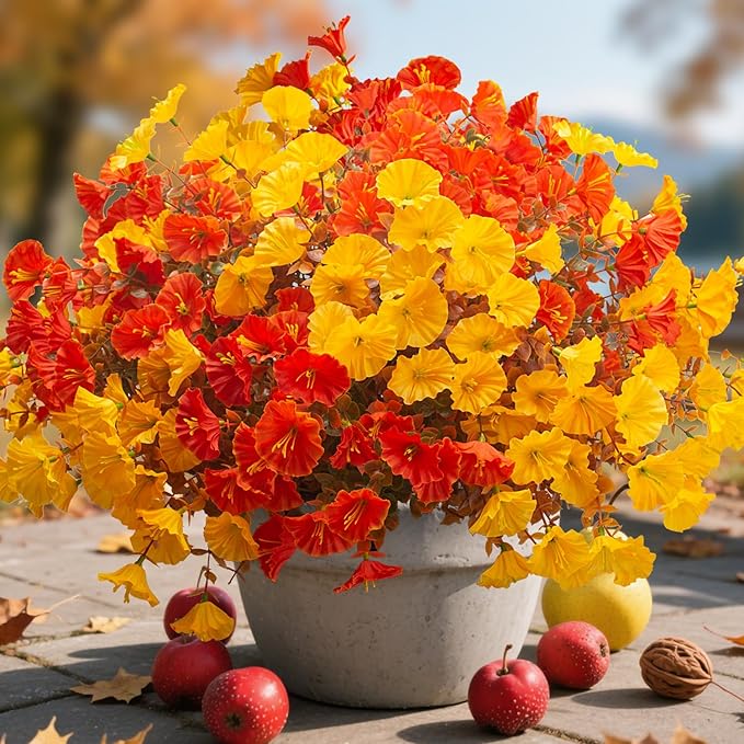 Grunyia Artificial Flowers Outdoor Fall Decor - 12 Pcs UV Resistant Fade Proof Fake Plants for Garden Porch, Thanksgiving Autumn Decorations, Waterproof for All Weather
