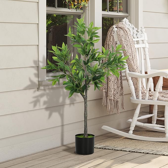 HOMCOM Lifelike Artificial Laurel Tree, 3FT Fake Tree with 345 PEVA Leaves and Flocked Soil, Potted Fake Plant for Home or Office Decor, Green