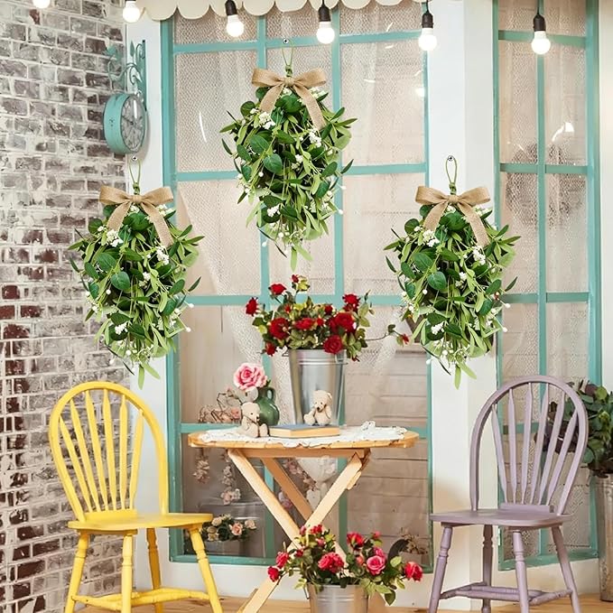 2 PCS 24'' Eucalyptus Wreaths for Front Door Artificial Greenery Teardrop Swags Spring Summer Green Swag Farmhouse Hanging Swags with Berry Ribbon for Wedding Home Outdoor Wall Cabinet Party Decor