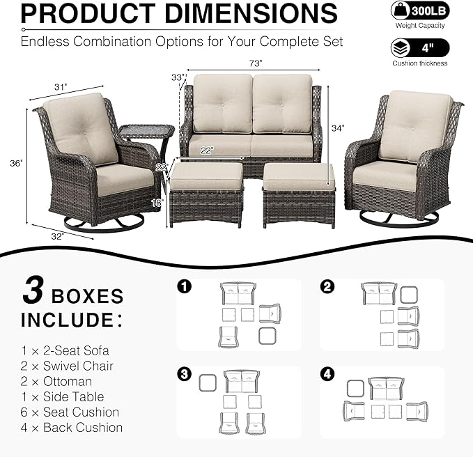 Joyside 6 Piece Wicker Patio Furniture Set, Outdoor Swivel Rocker Patio Chairs with High Back, Deep Seating, Wide Armrest, Thickened Cushions, Outdoor Furniture for Deck, Porch Use