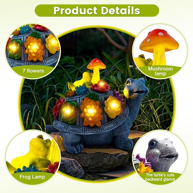 CNPOLOOK Solar Garden Outdoor Statues Turtle with Succulent and 9 LED Lights - Lawn Decor Tortoise Statue for Patio, Balcony, Yard Ornament - Unique Housewarming Gifts（8.5 Inch）