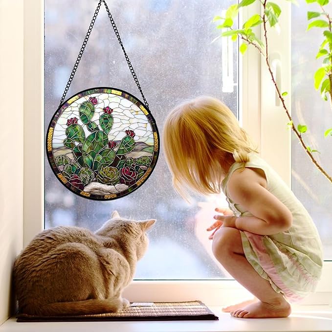 Stained Glass Window Hanging,Green Cactus Purple Flowers Suncatcher Diamond Glass Panel Sun Catchers Decor for Birthday for Women, Men, Wife, Aunt, and Mom 9.8 in