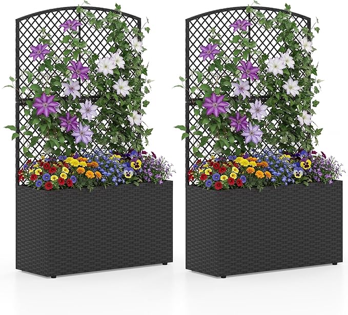 HAPPYGRILL Raised Garden Bed with Trellis, 49" Wicker Planter Box w/Privacy Screen, Liner, Drainage for Patio Balcony, Outdoor PE Rattan Elevated Garden Bed for Climbing Plant Vine Flower (Brown,2)