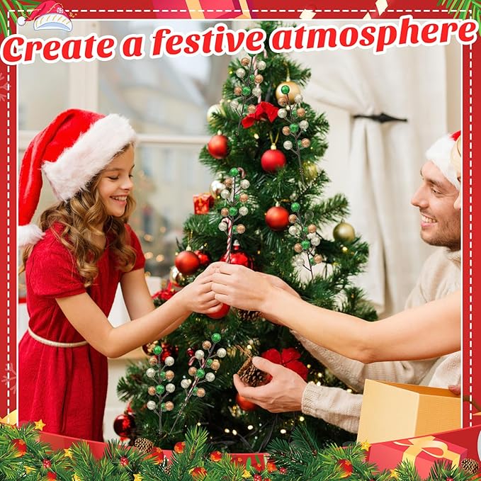 24 Pcs Christmas Glitter Berries Stems, 8.8" H Artificial Christmas Picks for Xmas Tree Ornaments, Holiday Wreath DIY Crafts, Xmas and Home Decor(Green, Brown, Beige)