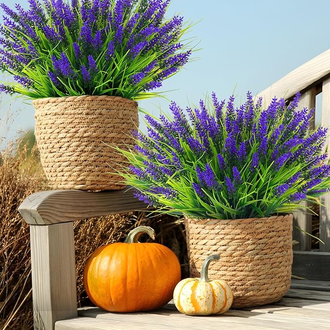 Rowfad 44 Pcs Artificial Outdoor Flowers Lavender Fake Greenery Plants UV Resistant Grass with Purple Flowers for Pot Decor for Window Garden Patio Hanging Planter Pathway Front Porch (44, Purple)