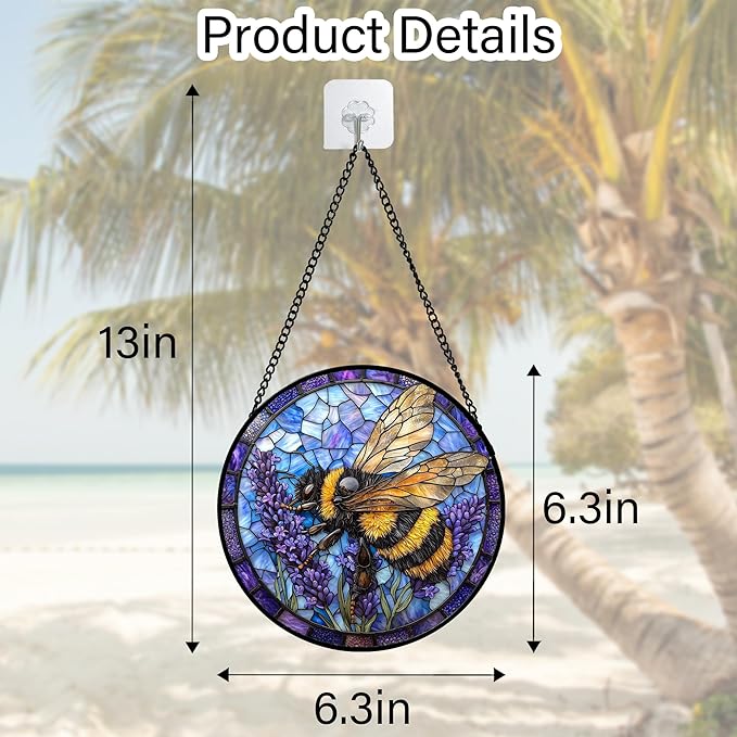 DASTOLL Stained Glass Window Hanging, Bee Lavender Sun Catchers Diamond Glass Panel Hangings Insect Suncatcher Decor for Birthday for Women, Men, Wife, Aunt, and Mom 6.3 in