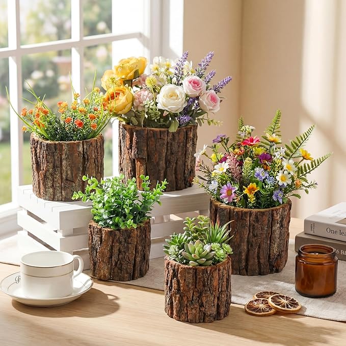 6 Pcs Wooden Vase for Centerpieces Woodland Table Decor Wooden Flower Vase Rustic Bark Stump Buckets Vintage Wood Planter Pots for Garden Party Wedding Window Home Farmhouse (L+m+s)
