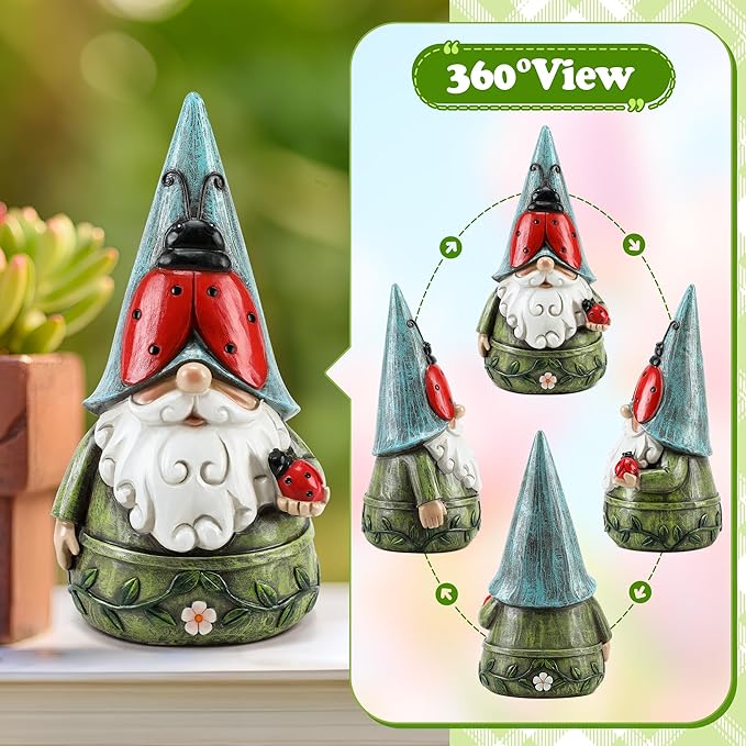 Garden Ladybug Gnome Statues Outdoor Decor for Patio, Yard, Lawn, Porch, Home, Table, Spring Summer Ladybug Gnomes Figurines 7.3" Tall Elf Ornament Gifts for Mother Women