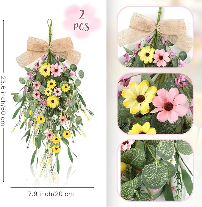 22" Artificial Spring Summer Swag Wreath 2Pcs Spring Summer Floral Teardrop Swags for Front Door Farmhouse Kitchen Cabinet Wreaths with Ribbon Faux Flowers Hanging Wreaths for Porch Wall Window Decor