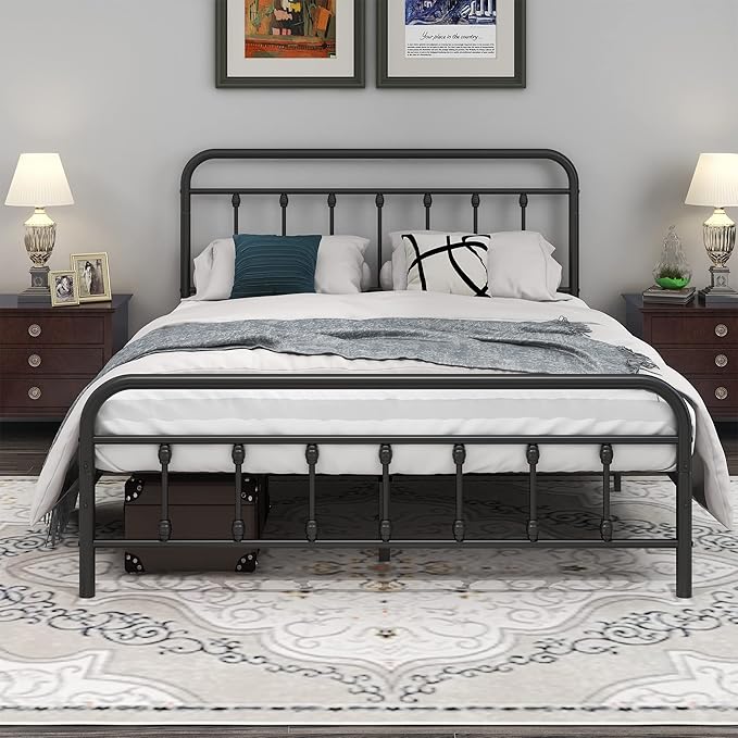 DUMEE Metal Queen Bed Frame with Headboard and Footboard Farmhouse Platform Bed Frame Queen Size Under Bed Storage No Box Spring Needed, Textured Black