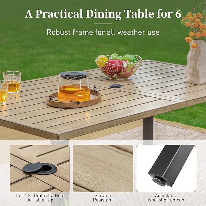 60" Patio Dining Table for 6,Teak Color Rectangle Patio Table with Umbrella Hole,E-Coating and Powder Coating Steel Frame Metal Outdoor Patio Table for Garden Backyard Lawn Yard