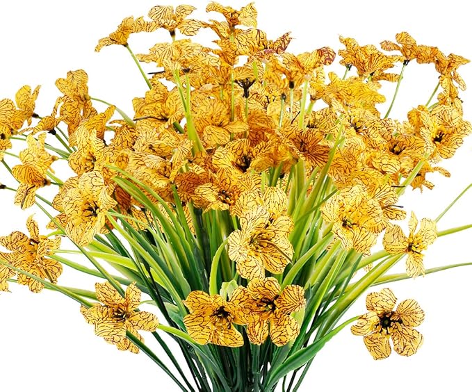JEMONG 12 Bundles Artificial Flowers Outdoor UV Resistant Flowers No Fade Faux Plastic Plants Garden Porch Window Box Decorating (Yellow)