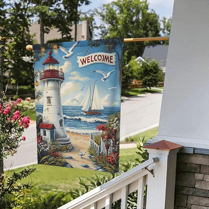 Lighthouse With Beach Garden Flag 12x18 Inch Double Sided All-Weather Polyester Outdoor Flag For Patio Lawn Yard And Garden Welcome Decor