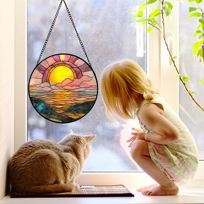 DASTOLL Stained Glass Window Hanging, Sunrise Over The Sea Suncatcher Diamond Glass Panel Hangings Abstract Sun Catchers Decor for Birthday for Women, Men, Wife, Aunt, and Mom 11.8 in