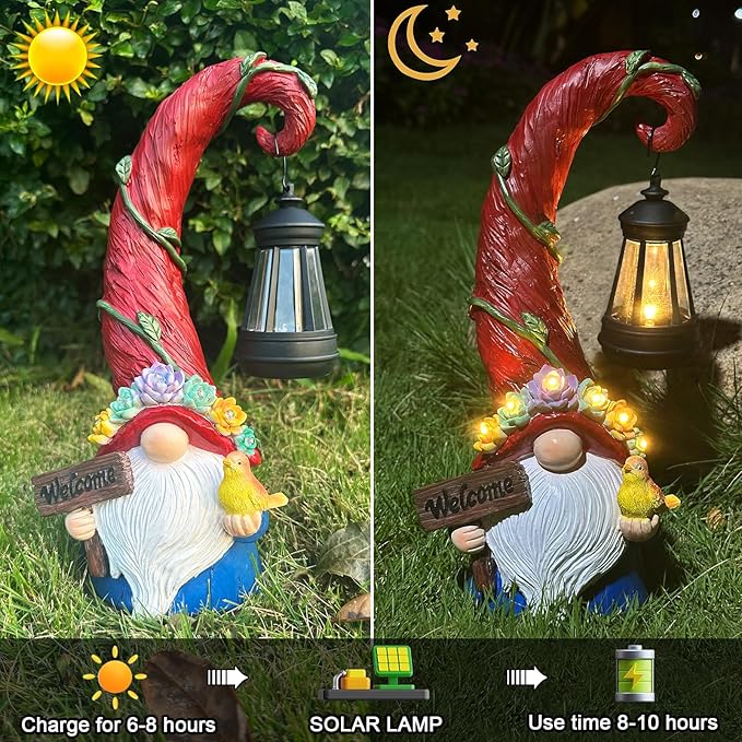 Gnome Garden Decor Statue - Solar Lantern Christmas Gnomes Decorations for Yard with Succulent and 6 LED Lights Outdoor Decoration for Patio