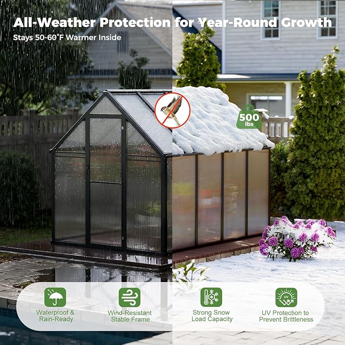 WACASA 8x6x6 FT Greenhouse for Outdoors, Easy Assembly Aluminum Frame Polycarbonate Greenhouse Kit with Vent Window, Swing Door, Walk-in Sunroom for Backyard Garden
