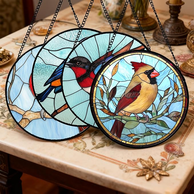 AMDERVEN Stained Glass Window Hanging 4 Pcs Set Cardinal Blue Birds Large 11.8" - Suncatcher Door Garden Sun Catcher Decor Birthday Mother's Day for Bird Lovers Men Woman Nana Friend