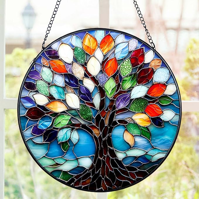 7.8″Tree of Life Stained Glass Window Hanging,Glass Panel Blue Suncatcher for Windows Hanging - Decoration for Home Garden Christmas Party Wedding Housewarming Gifts