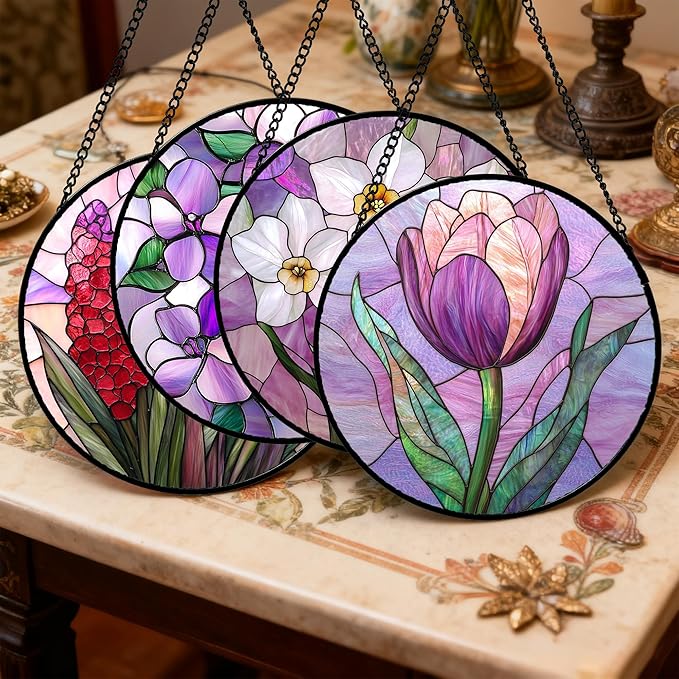 DASTOLL Stained Glass Window Hanging 4 Pcs Set Purple Flower Theme 9.8" - Tulip Suncatcher Door Garden Sun Catcher Decor Birthday Christmas for Plant Lovers Woman Nana Men