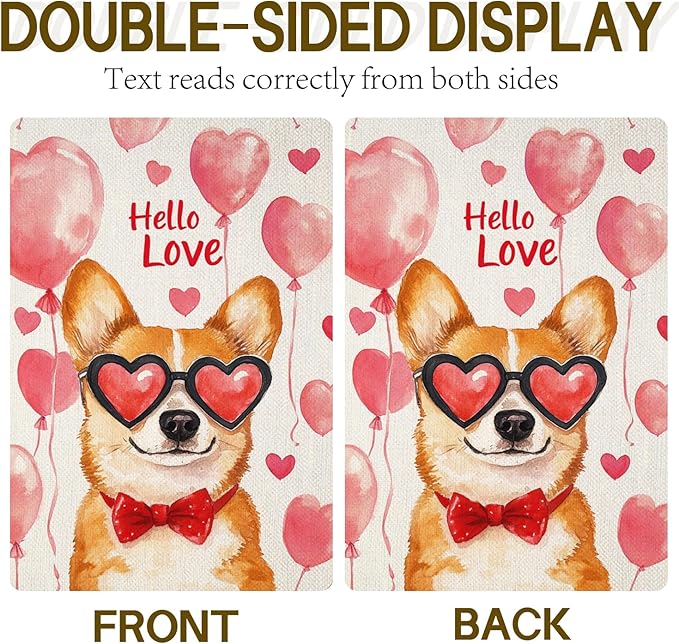 Valentine's Day Welsh-Corgi Hello Love Garden Flag, House Yard Plaid Love Heart Outside Decoration, Spring Holiday Wedding Anniversary Outdoor Small Decor 12x18(12648)