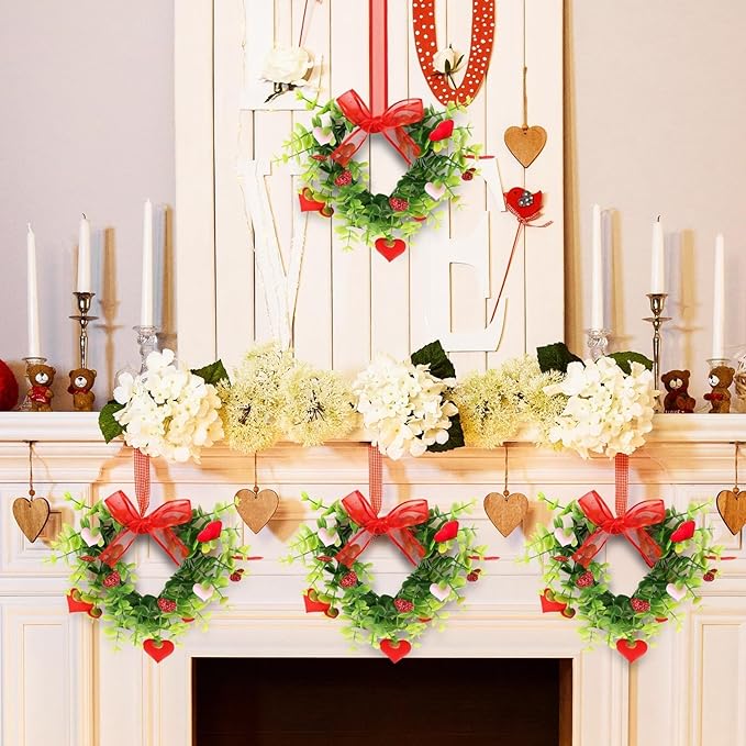 4 Sets Valentine's Day Heart Wreath Artificial Red Berries Heart Swag Kitchen Cabinet Wreaths Hanging Valentines Day Wreaths for Front Door Window Wedding Birthday Home Decoration