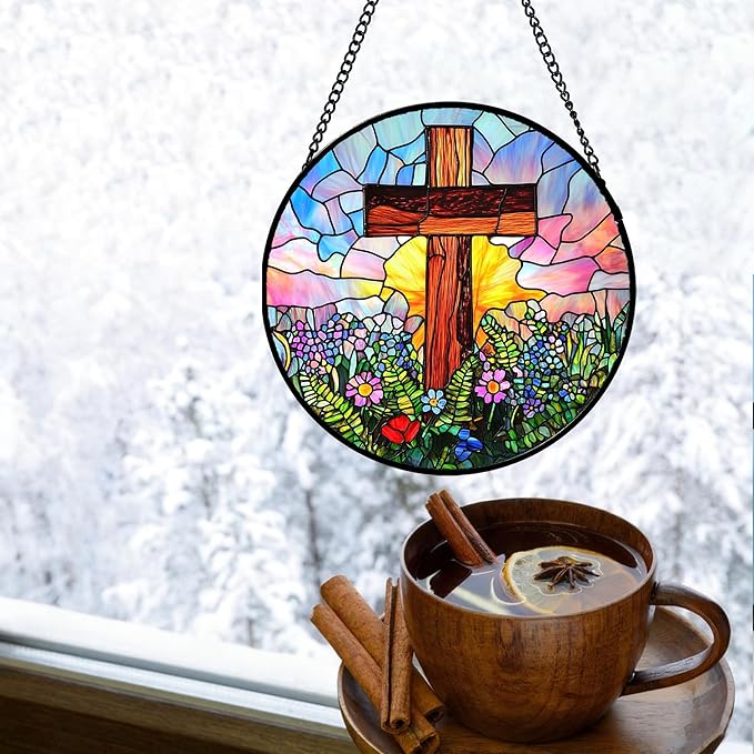 JOSUMALY Christian Gifts for Women - Cross Stained Glass Window Hanging Jesus Easter Colorful Wildflowers Sun Catcher Garden Religion Decor Mother's Day Catholic Gift for Men Grandma Mom Her 7.8"