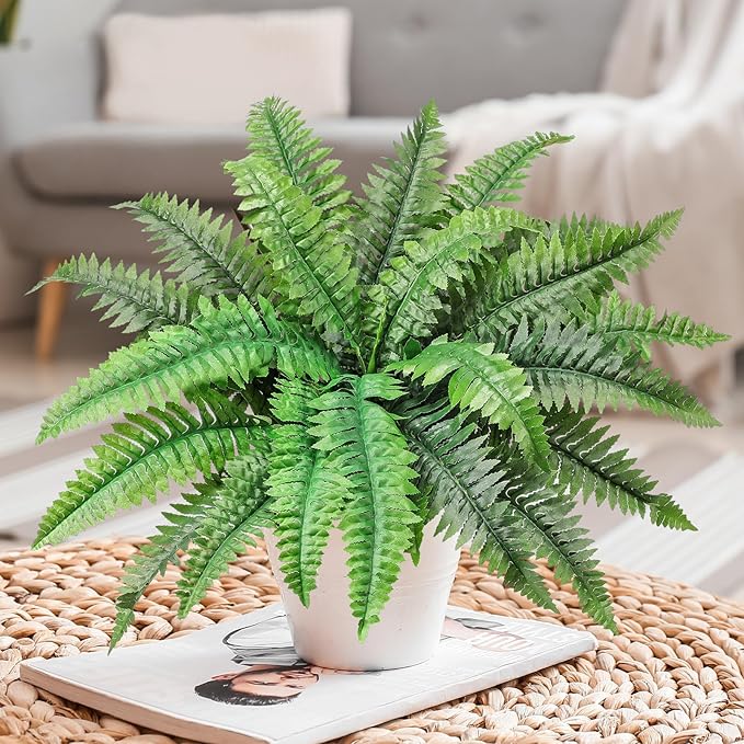 FineCheer Fake Ferns Potted Plant Faux Boston Bush in Pot Artificial Greenery Fern Plant for Spring Summer Patio Garden Farmhouse Windowsill Entrance Porch Office Living Room Decor (24 Leaves)