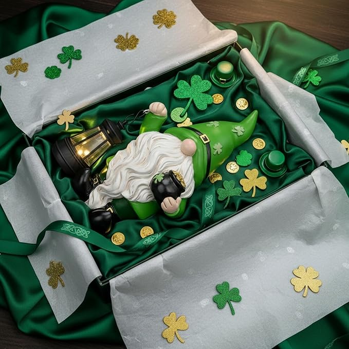 TERESA'S COLLECTIONS St Patricks Decorations for Outdoor Decor, Resin Garden Gnome Holding Lantern with Solar Lights for Porch,Shamrock Leprechaun Figurine for Outside, Irish Gifts for Home,10"