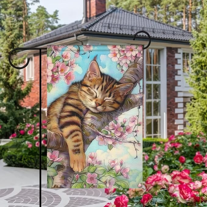 Spring Garden Flag 12x18 Double-Sided Spring Outdoor Decor Cat in Blooming Cherry Blossoms Springs Flag For Outside for Outdoor DecorationYard and Porch