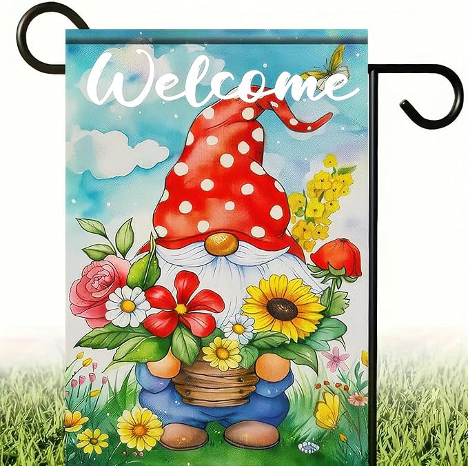 Easter Garden Flag 12x18 Inch Double Sided Cute Gnome Garden Flags Spring Gnome and Flowers Theme Yard Flag Polyester Yard Decoration for Outdoor Lawn and Patio