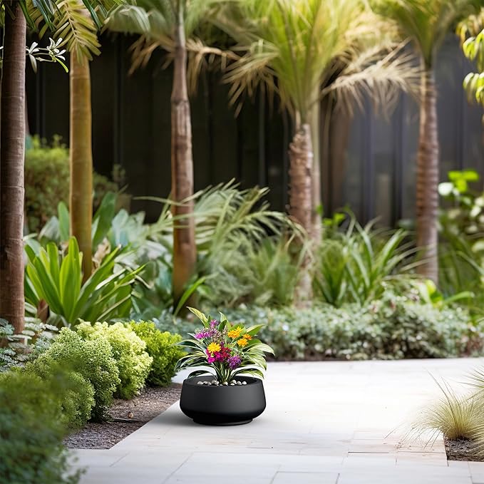 Kante 12.5" Dia Round Concrete Bonsai Planters, Outdoor Indoor Garden Plant Pot with Drainage Hole for Home, Patio, Garden, Black