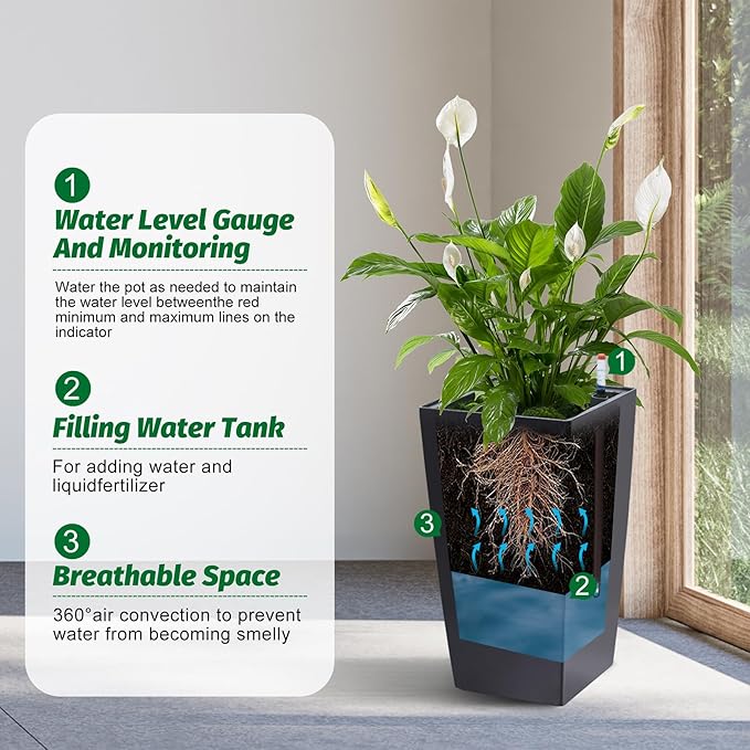 22.5" Tall Self Watering Planters Set of 2, Indoor Outdoor Plant Pots with Water Level Monitor & Drainage Holes, Automatic Watering System for Patio Garden Decor, Black