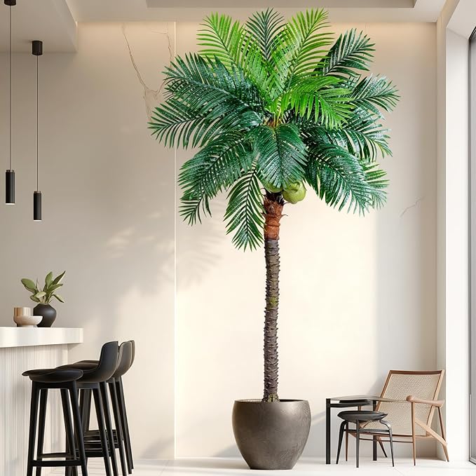 Erimda 30-Year Factory Faux Coconut Tree - 9.1FT Faux Palm Tree Realistic Thick Trunk & Heavy Duty Leaves, Hand-Carved Bark Texture, Indoor Tropical Decor for Living Room/Store, No Shiny Plastic Look