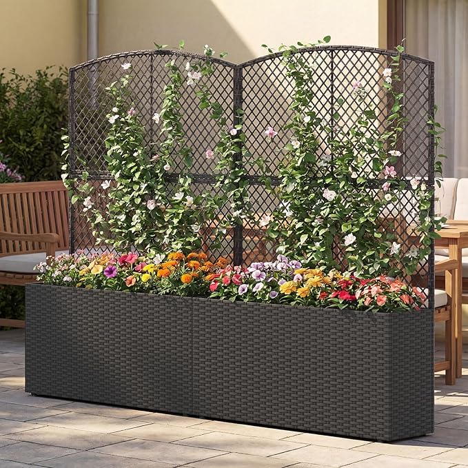Happygrill Raised Garden Bed with Trellis, 58" Wicker Planter Box with Privacy Screen, Liner, Drainage for Patio Balcony, Outdoor PE Rattan Elevated Garden Bed for Climbing Plant Vine Flower (Black,2)
