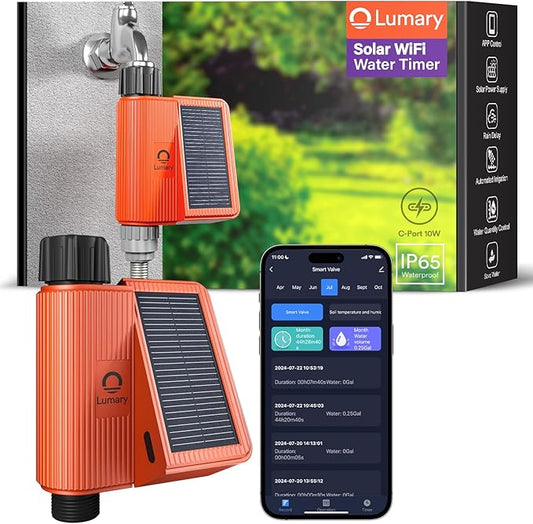 Lumary Solar WiFi Sprinkler Timer with Flow Monitor, Smart Water Timer for Garden Hose, Remote Control with App/Alexa via 2.4Ghz, Auto Irrigation Controller for Lawns Yard, Support C-Port Charging 10W