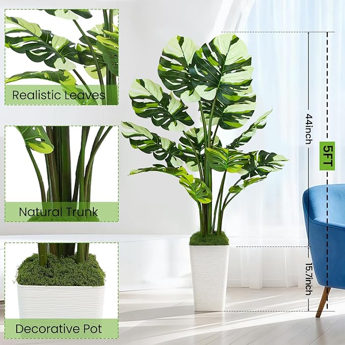 5FT Artificial Monstera Plant with Tall White Planter and Thread Moss, Realistic Faux Floor Tree with Large White Leaves for Indoor Outdoor Office Porch Living Room Corner Home Decor