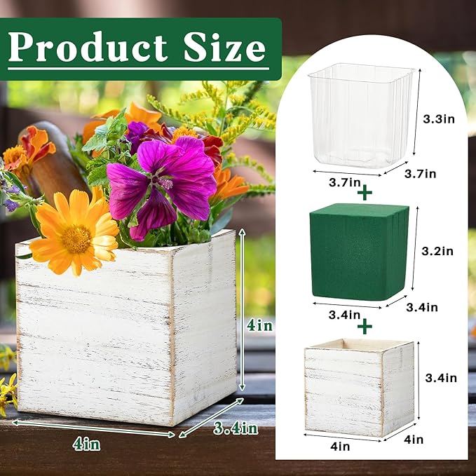 Dandat 4 Sets Wooden Cube Planter Boxes for Centerpiece 4 Inch Flower White Wood Rustic Square Vase with Removable Plastic Liner Floral Foam Block for Garden Wedding Home Arrangement Decor