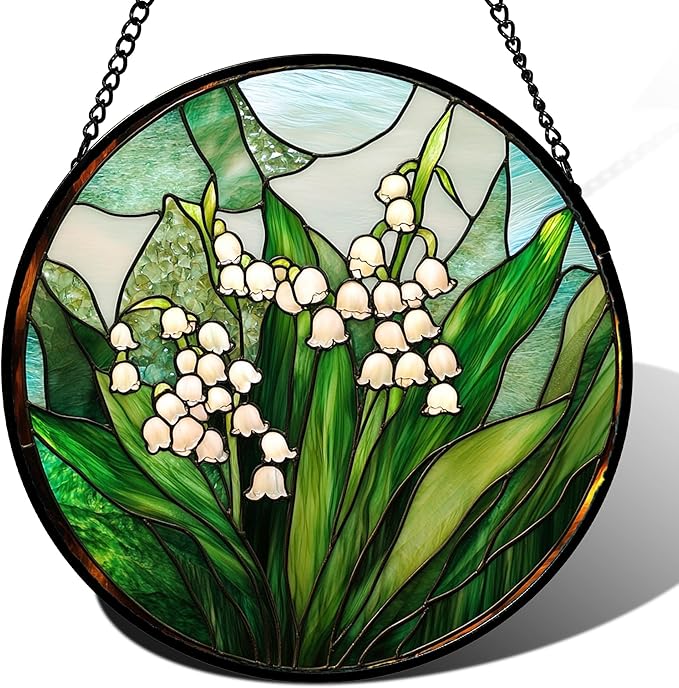 JOSUMALY Stained Glass Window Hanging - White Green Lily of The Valley Suncatcher for Doors Garden Terrace Plant Sun Catchers Decor Mother's Day Birthday Flowers Gifts for Women Men Mom 6.3 in