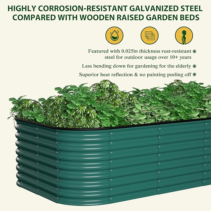 BlueWish 8x4x2FT Raised Garden Bed with 3 Aluminum Support Rods, Many-in-1 Modular Planter Box with Bottomless Design, 24’’H Galvanized Raised Garden Bed for Vegetable, Flower, Fruit, Green