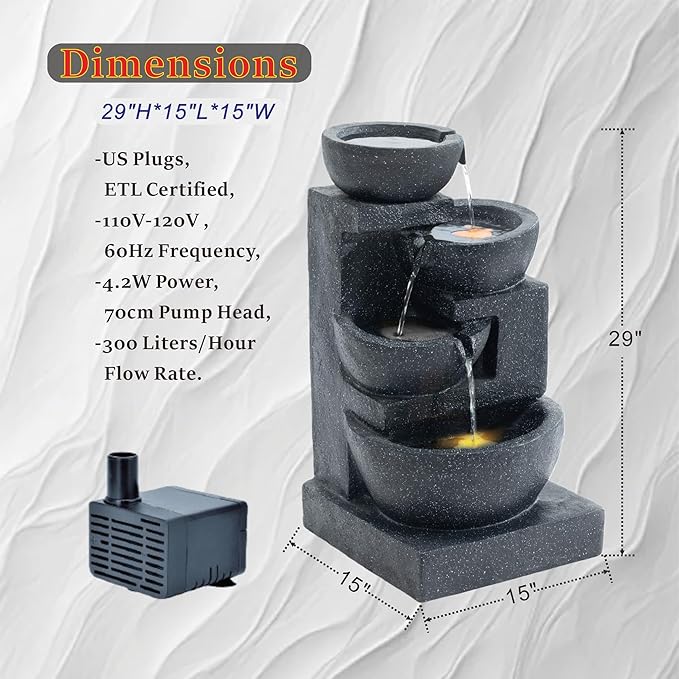 29" H Terrazzo Style Outdoor Water Fountain, 4-Tier Cascading Bowls with Stacked Stone Design and LED Lights, Freestanding Resin Water Feature for Garden Patio Porch